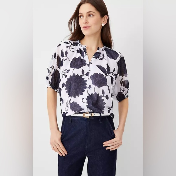 Ann Taylor Floral Mixed Media Ruffle Neck Top - Picture 2 of 10